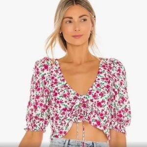 For Love & Lemons Pink Floral Ruched Tie-Front Crop Top